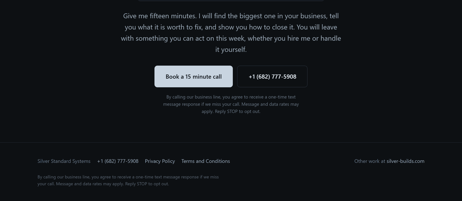 Silver Standard Systems website contact section showing phone number and SMS opt-in disclosure.